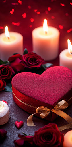 Red heart-shaped box and gold ribbon, burning candles, roses, romantic atmosphere