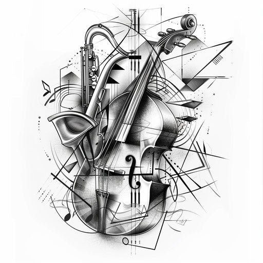 Contemporary tattoo sketch of abstract musical instruments in geometric pattern, monochrome, clipart style