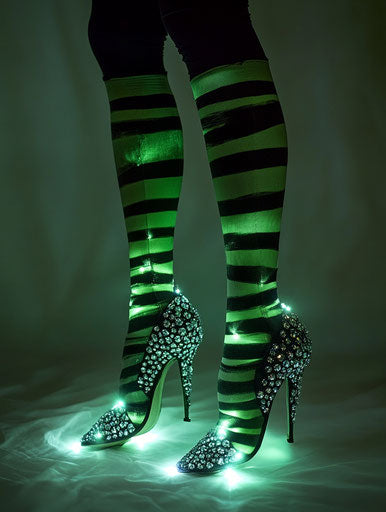 Striped witch legs with diamond heels, glowing LED lights