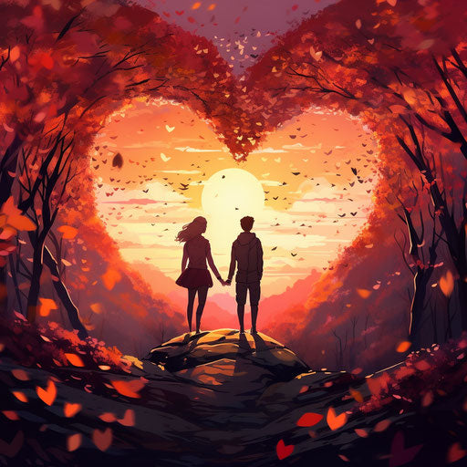 Heart-shaped leaves between two people in richly colored landscape