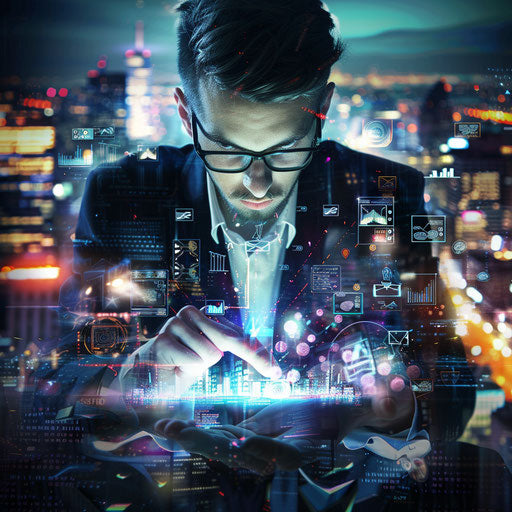 Businessman interacting with high-tech gadgets