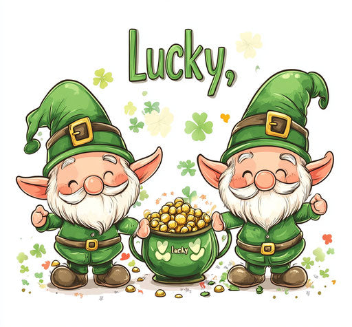 Saint Patrick's Day gnomes with a pot of gold and a rainbow, on a white background, with text 'Lucky', clipart design for a t-shirt.