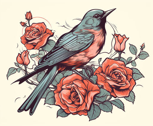 Bird in a tattoo with roses on each side