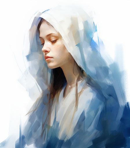 Beautiful drawing of a mary in blue robe on white