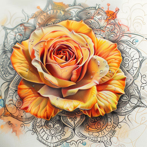 Bohemian tattoo sketch of an amber rose with intricate mandala patterns in the background, vibrant and colorful