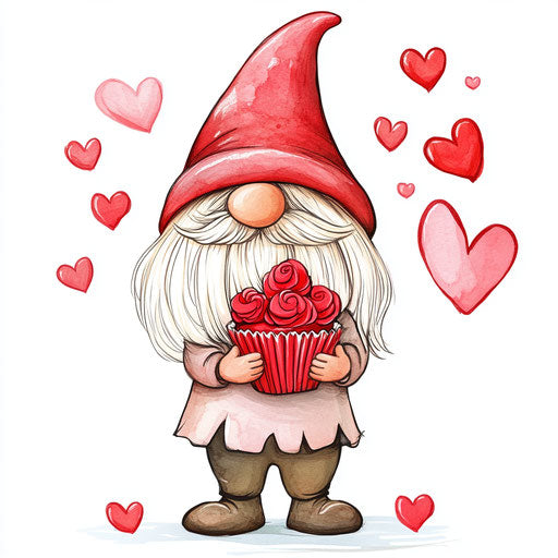 Valentine's Day gnome with roses and hearts, holding a red cupcake on a white background, clipart style, cute and colorful