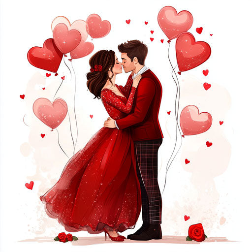Romantic couple in red with heart-shaped balloons