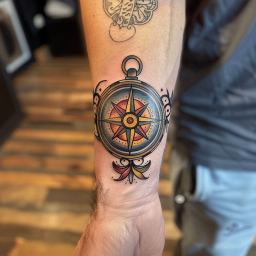 Compass wrist tattoo in the style of Steve Sack