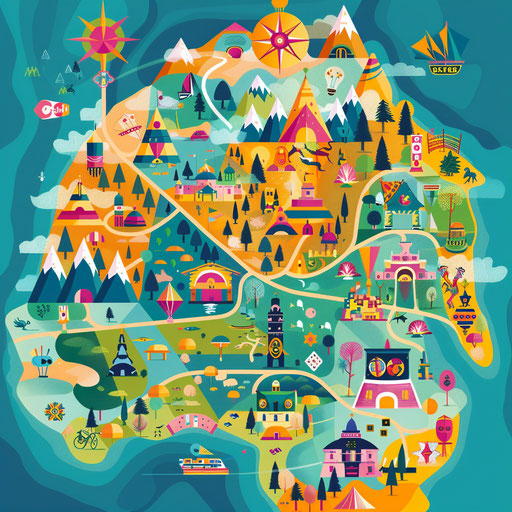 Festival map with icons of different cultural and musical events on a vibrant map