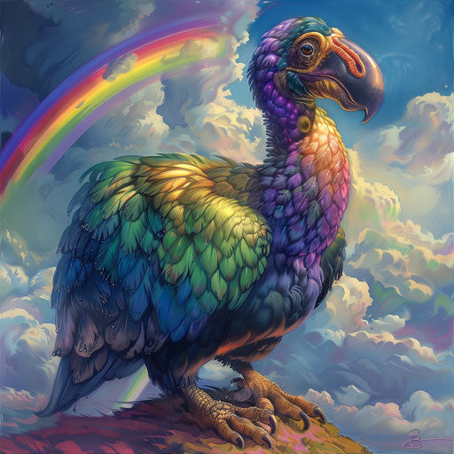 Dodo bird under a rainbow, in the style of Aaron Blaise