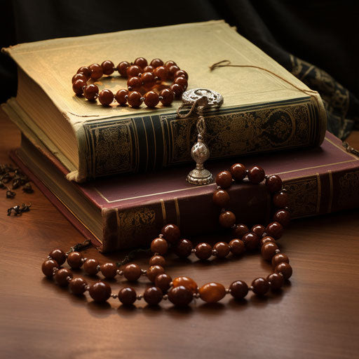Islamic prayer book and beaded necklace with the sunra