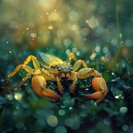 Scorpion with morning dew droplets on its exoskeleton