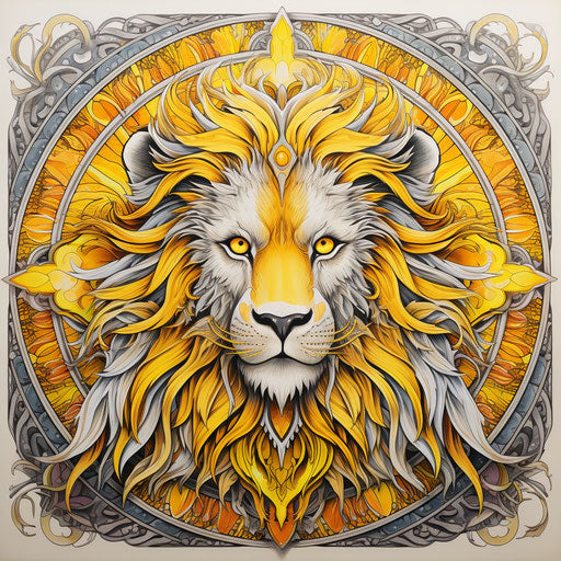 A lion with feathers in silver and yellow on a coloring page