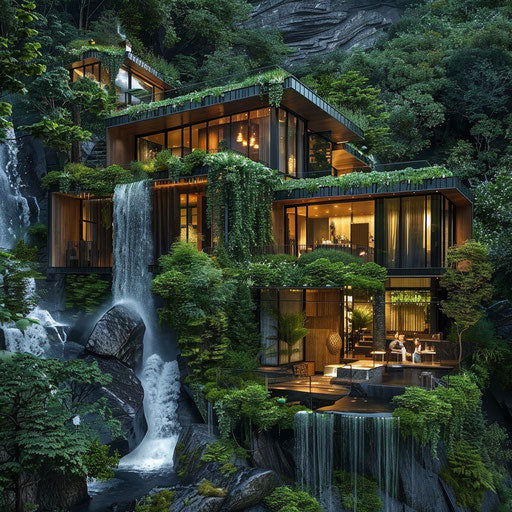 Mountain lake lodge near cascading waterfalls and lush greenery
