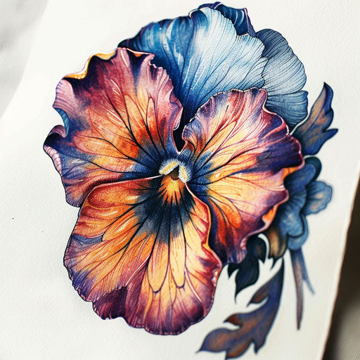 Victorian style small pansy flower tattoo illustration, in rich colors on white paper