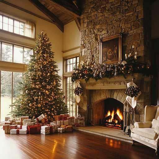 Luxurious fireplace in a high-ceilinged room, twinkling Christmas tree beside it, presents piled high