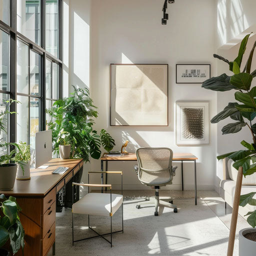 Serene office space with plants, natural light, and modern Scandinavian furniture