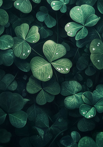 Four-leaf clover with dew drops symbolizing luck for St. Patrick's Day
