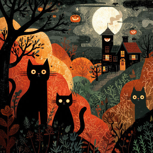 Halloween Vibes with Haunted House and Cats