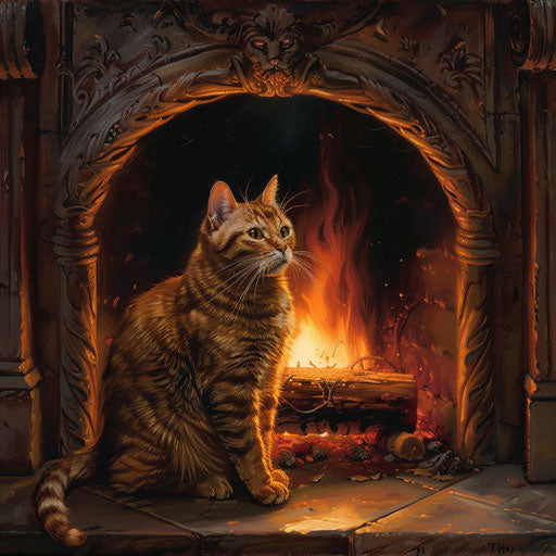 brown cat in front of a fire in a fireplace