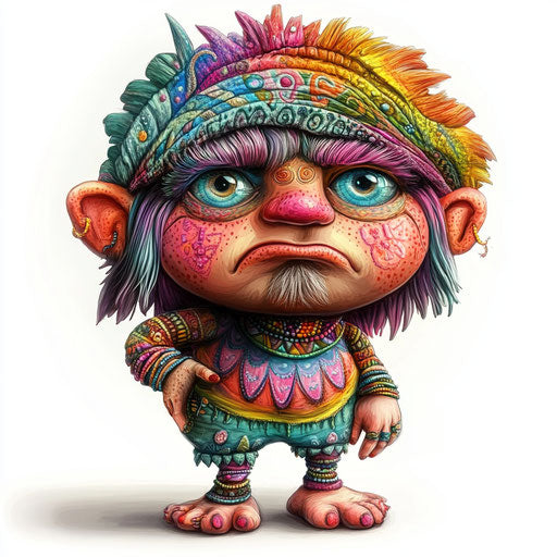 Humorous caricature of a boho rainbow clipart with human characteristics, exaggerated rosy cheeks, big feet, vibrant colors, cartoon style, angry, high resolution, backgroundless, isolated