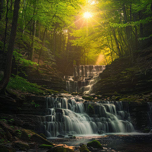 Waterfalls of Cascade Mountain flowing through lush forests