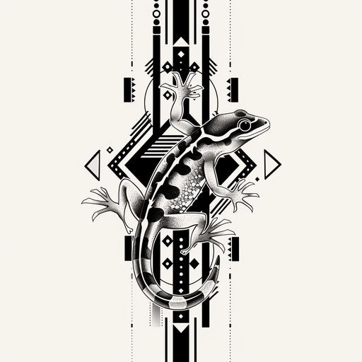 Flat art deco inspired tattoo sketch with a gecko framed by geometric accents