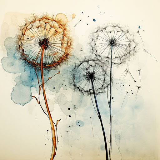 Two dandelions in water, ink and color style