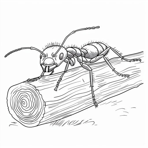An ant on a log, perfect for coloring. Coloring book page