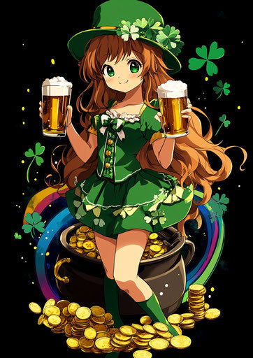 Anime girl with beers, gold coins, and rainbow