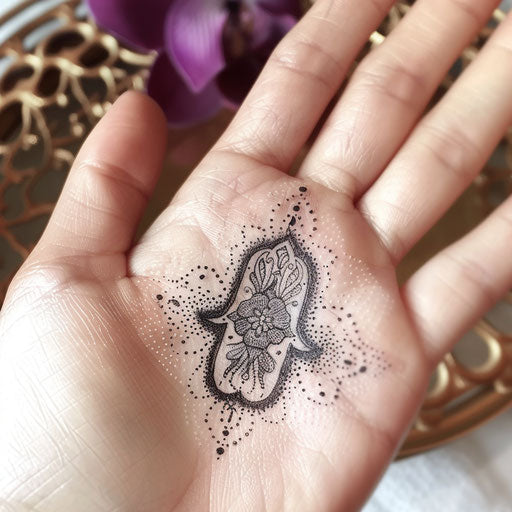 Elegant hamsa tattoo with delicate lace and filigree detailing on white paper texture