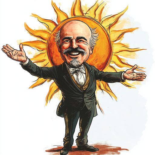 Humorous caricature of an Ignaz Semmelweis caricature clipart with human characteristics, exaggerated smiling mouth, big hands, next to a smiling sun, vibrant colors, cartoon style, smiling, high resolution, no background, isolated