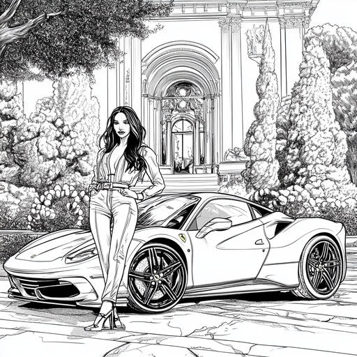 Ferrari in a glamorous fashion setting, in the style of Megan Hess, stylish and chic Coloring book page
