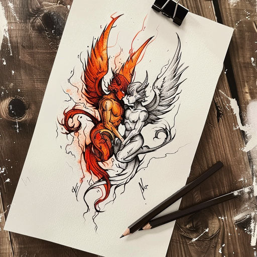 Flat tattoo sketch of an angel and devil with fiery intertwining flames, bold reds and oranges