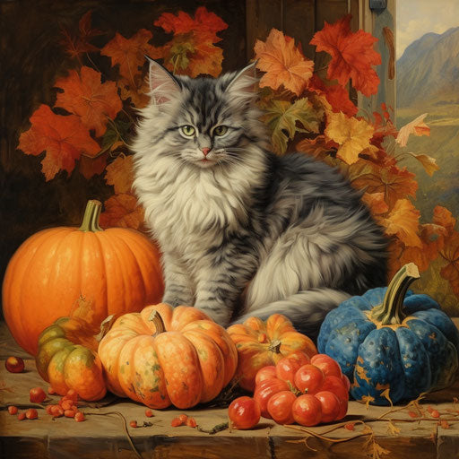 Louis Wain cat resting with pumpkins