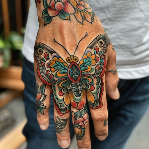 Butterfly hand tattoo with sailor motifs
