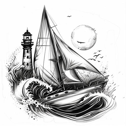 Sketch of a tattoo of a sailboat on waves with a lighthouse in the background, clipart style, flat black ink