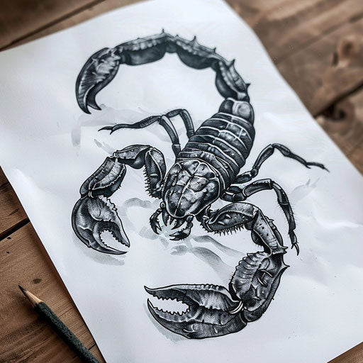 Hyper-realistic scorpion tattoo design on white paper