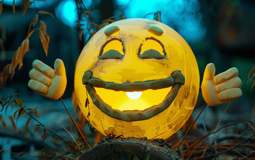 A smiling yellow emoticon with hand gestures