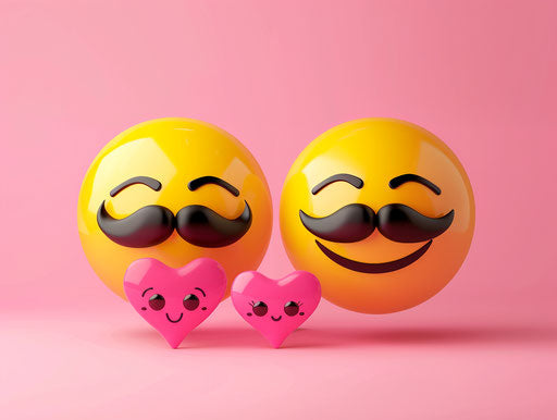 Smiling yellow face with mustache and heart on pink background