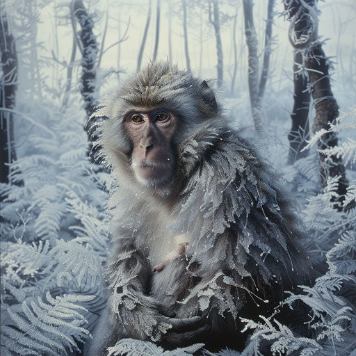 Rhesus monkey in a frosty winter forest