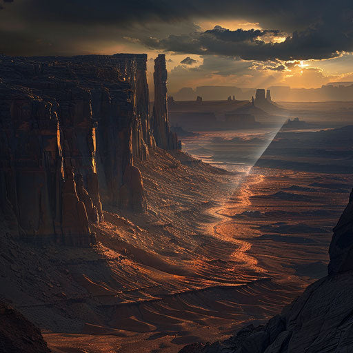 Monument Valley with dramatic lighting and shadows