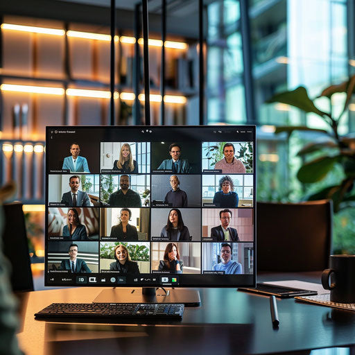 Professional virtual meeting with diverse participants on screen, modern interface