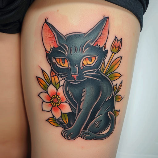Neo-traditional black cat tattoo with bold outlines and bright colors, on plain white background.