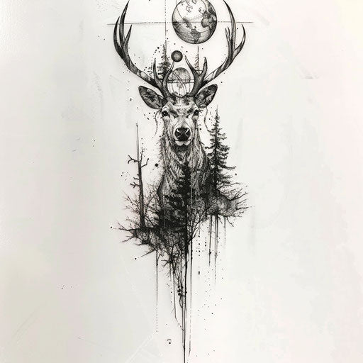 Dream-like deer tattoo blending cosmic & forest elements