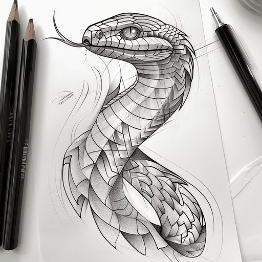 Dynamic cobra tattoo sketch with art deco style and metallic inks