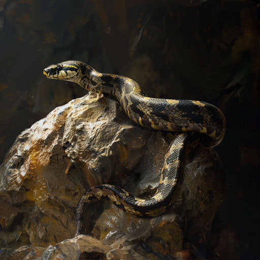 Python on a rock, sun and Vincent Munier style