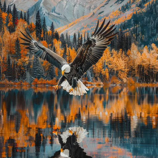 Bald eagle diving towards water in mountain lake surrounded by autumn foliage