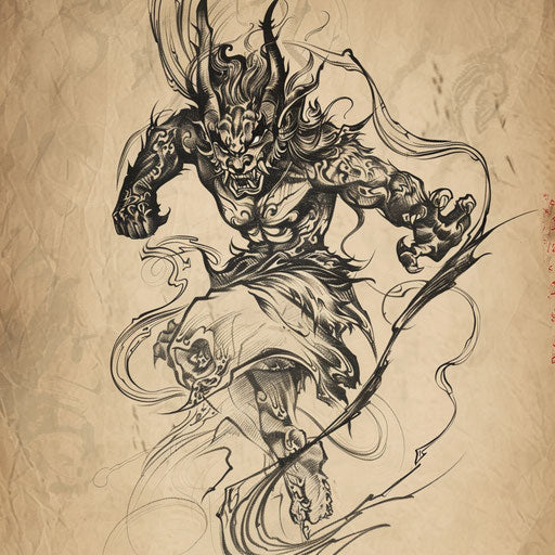 Dynamic flat tattoo sketch of a Japanese demon in a battle stance with swirling wind