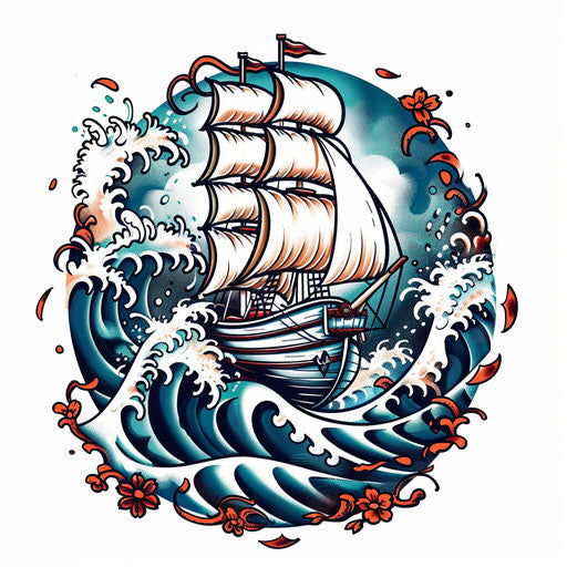 Navy tattoo with battleship and ocean waves